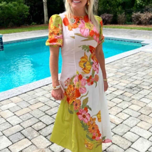 Floral Short Sleeve Tropical Silas  Puff Sleeve Crew Neck Midi Dress L - Picture 5 of 13